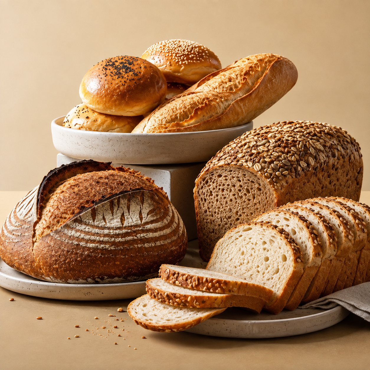 Freshly baked sourdough and seeded loaves